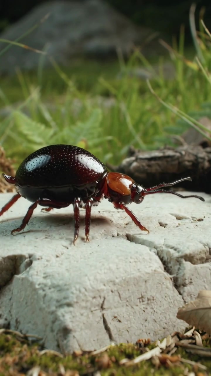 Vertical video: Antennae sensing, crawling beetle probing rock moving right seeking moss