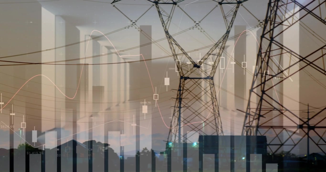 Pylons evolving from pole as many towers sliding in from right, candlestick tracking finance trends
