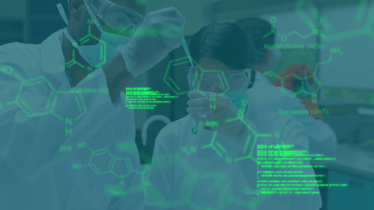Animation of chemical formulas and data processing over diverse female and male lab workers