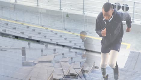 animation of stadium over disabled african american woman with artificial legs running