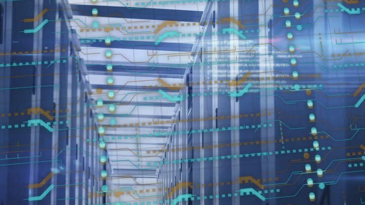 Animation of servers, connections and data processing over circuit board