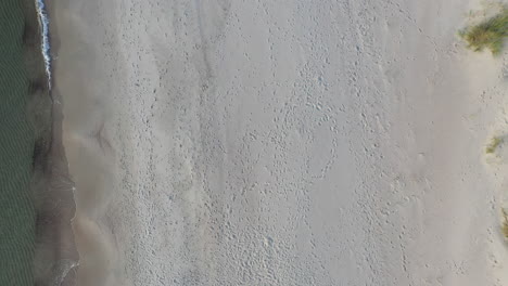 aerial: top view pan shot of sandy beach with foot prints and waves crashing on a shore