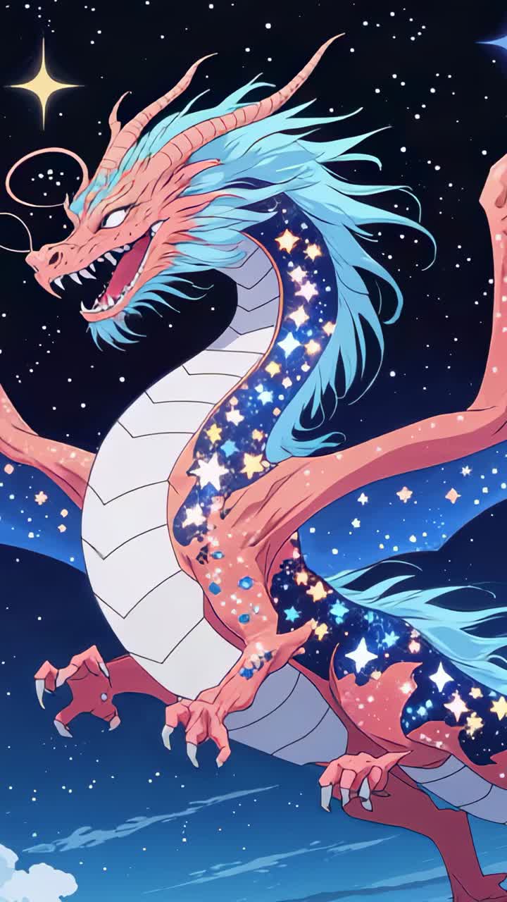 Vertical video: Oscillating dragon mane quivering in cosmic breeze in starry sky, with cloud bank