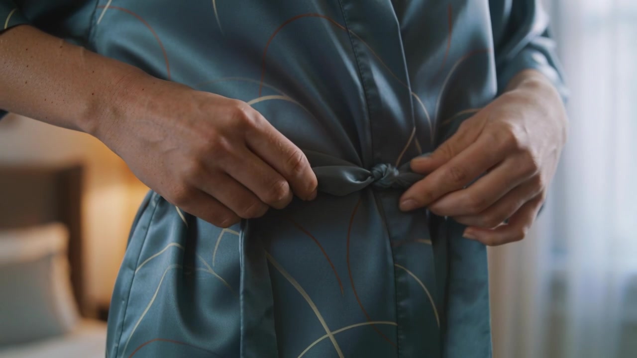 Holding loose sash ends, adult woman tying silky blue robe sash at bedside, securing waist