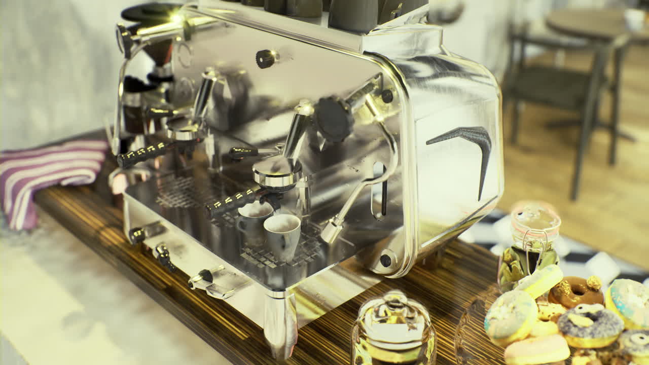 Coffee brewing at a modern cafe in the morning with fresh pastries on display