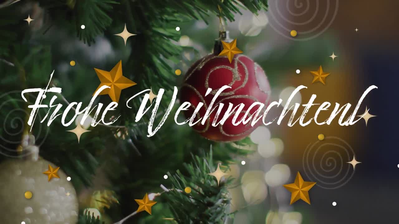 animation der weihnachtszeiten grüße auf deutsch über ballen dekorationen auf dem weihnachtsbaum