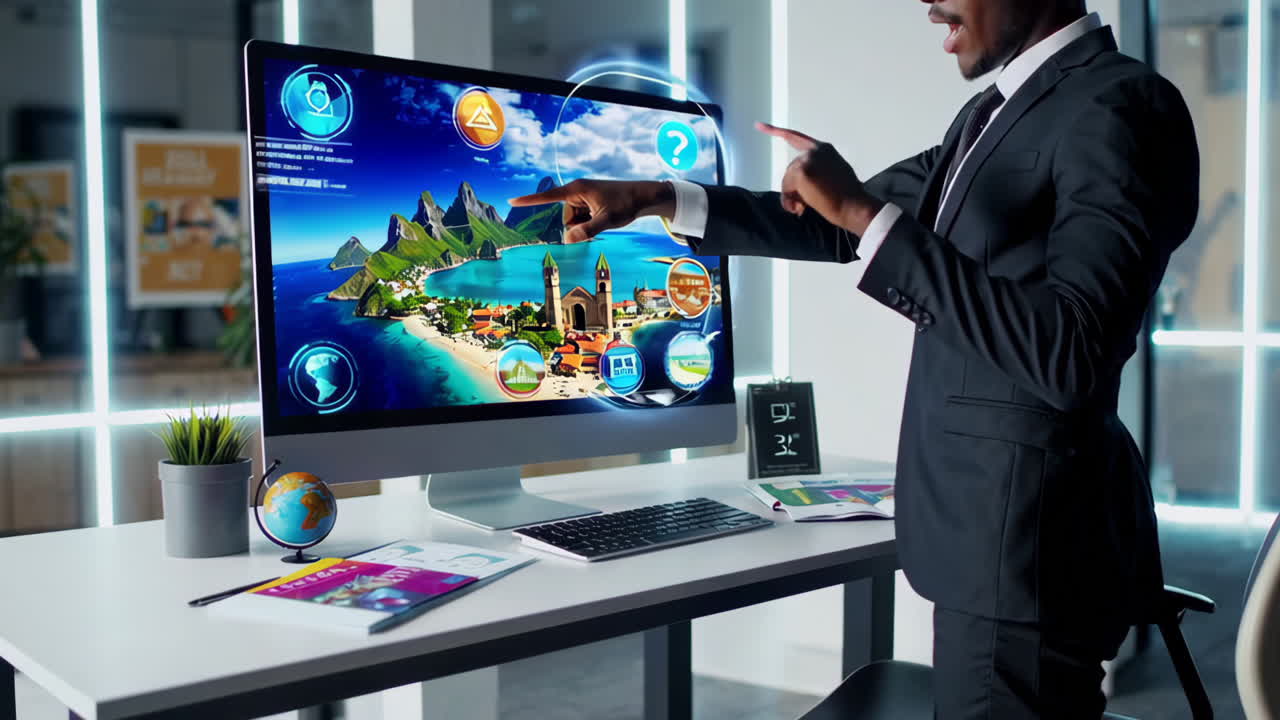 Businessman using virtual reality technology for travel planning