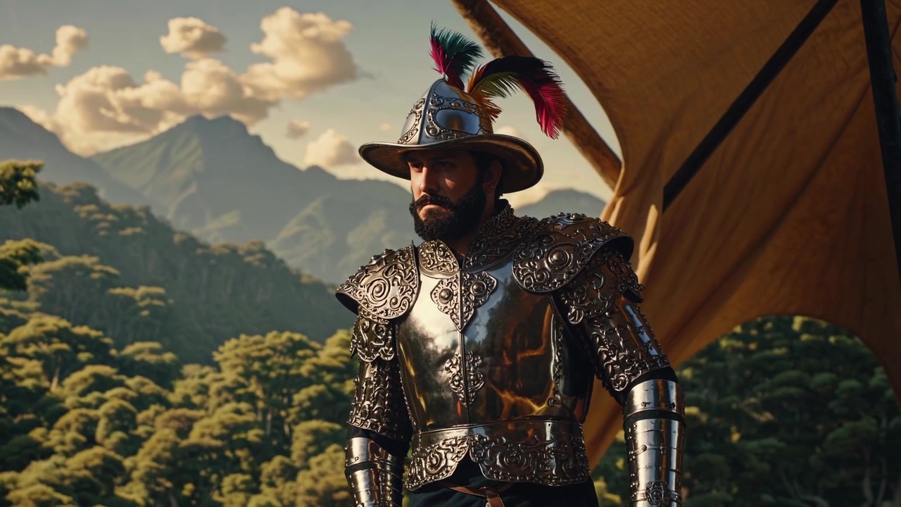 Conquistador Blindado em um Acampamento de Expedição Histórica na Selva