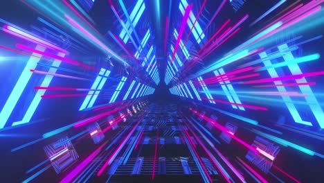 Animation-of-purple-neon-light-trails-and-digital-tunnel-over-black-background