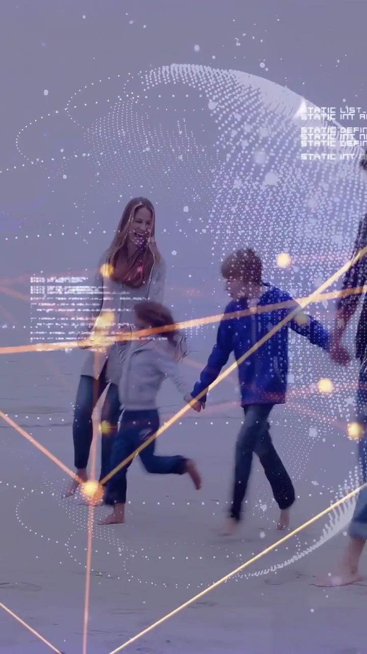 Vertical video: Family entering right then running, holding, bonding within tech globe HUD on sand
