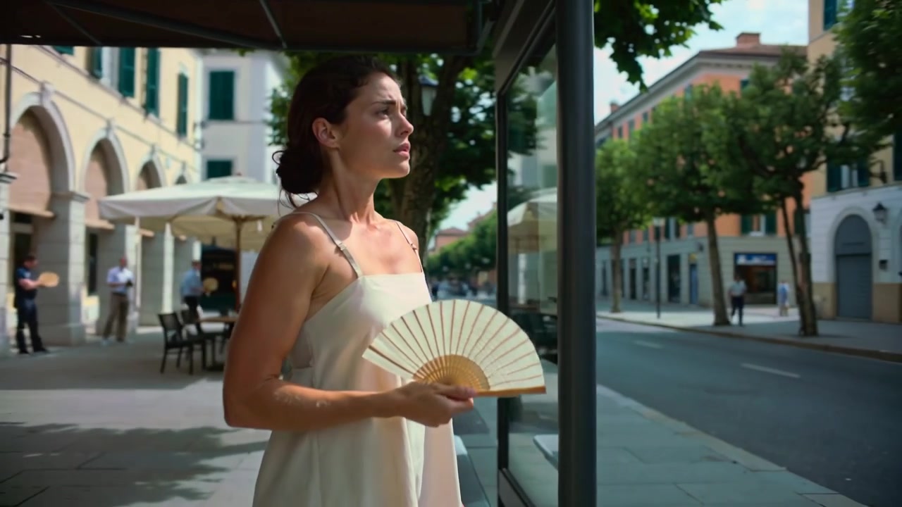 Gående kvinde i sommerkjole stiger ned, vifter sig med foldevifte ved busstoppested, ser efter bus.