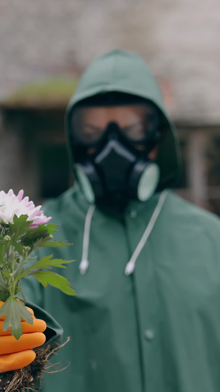 Save environment. Man wearing mask for breathing and protective suit holding flower against ruined building. Pollution of environment concept. Vertical video