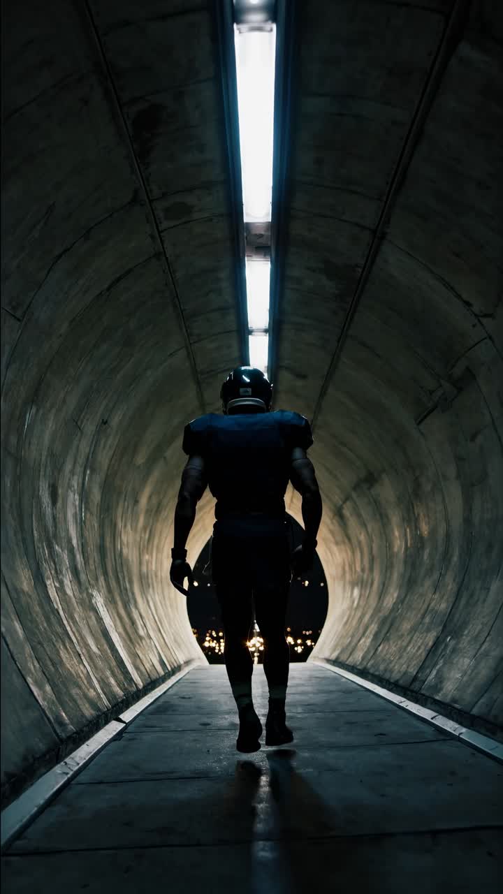 Silhouetted athlete in a helmet walks through a dimly lit tunnel