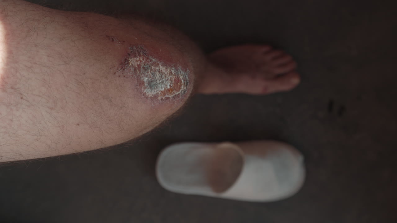 Close-up of a healing knee wound with a scab