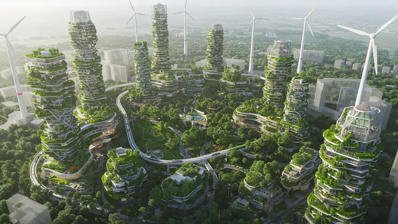 Visionary Urban Development: A Sustainable Cityscape Featuring Towering Green Skyscrapers, Lush Vertical Gardens, and Energy-Efficient Wind Turbines Set in a Lively Nature-Filled Environment