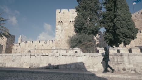 an orthodox jewish man, book in hand, walks the sunlit streets of jerusalem's old city, a picture of faith and tradition amidst ancient stones