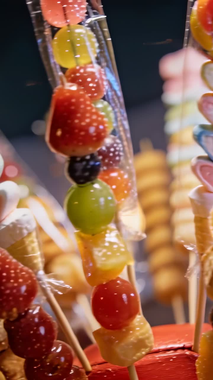 Video verticale: Telecamera in panoramica che mostra spiedini di caramelle su una bancarella del mercato per la vendita di lecca-lecca e biscotti.