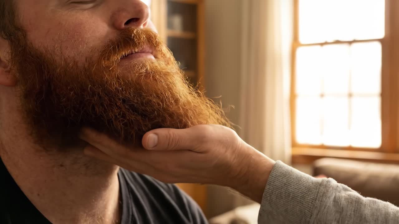 Close-up of a Hand Stroking a Man's Red Beard
