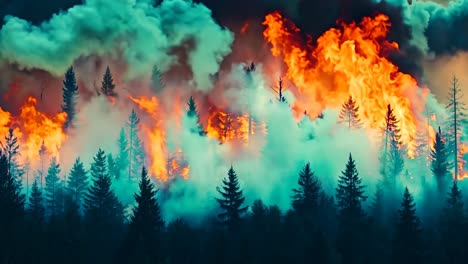 a large fire in the middle of a forest with smoke coming out of it