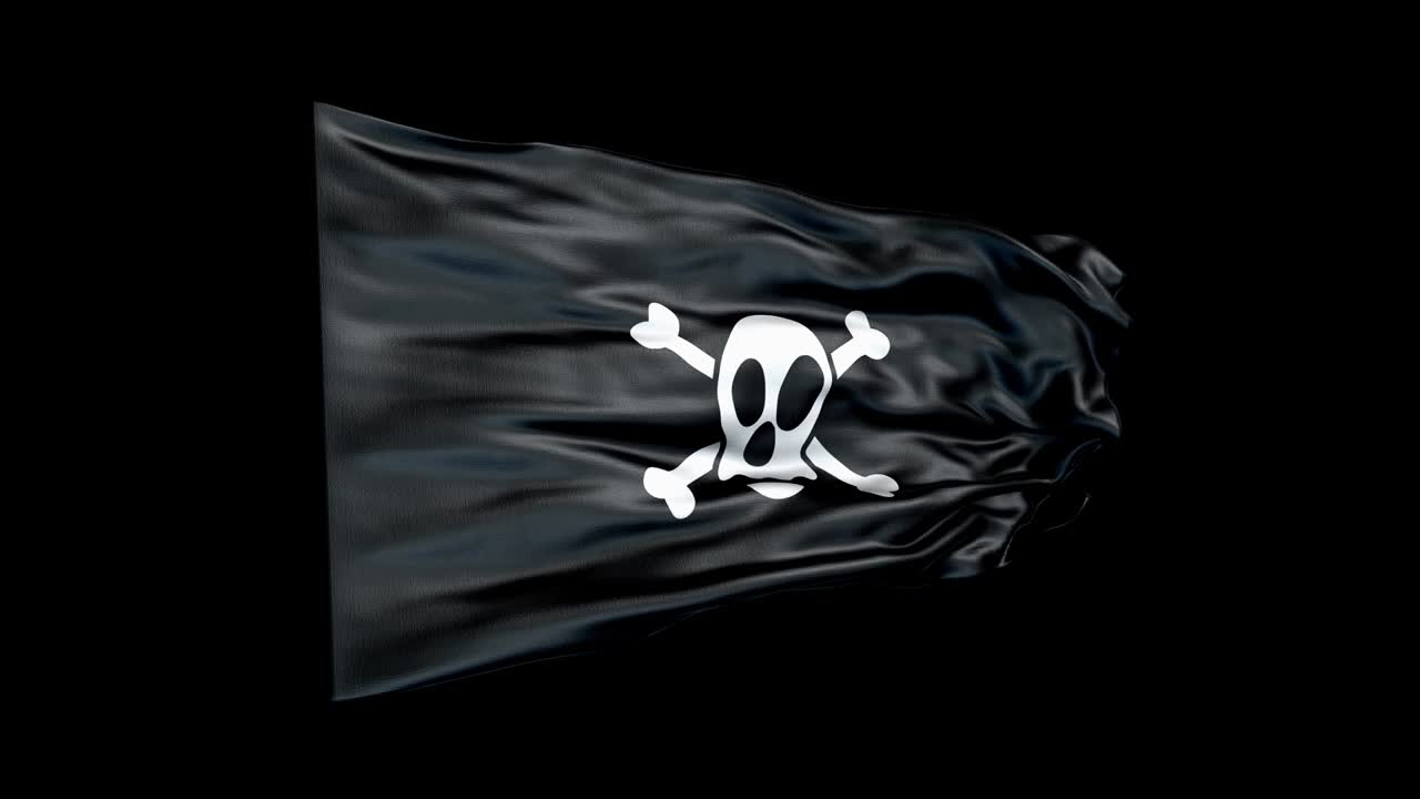 animación bandera pirata está agitando bucle sin costuras. bandera pirata agitando en el viento. bandera realista 4k de pirata de primer plano. bandera de blackjack.