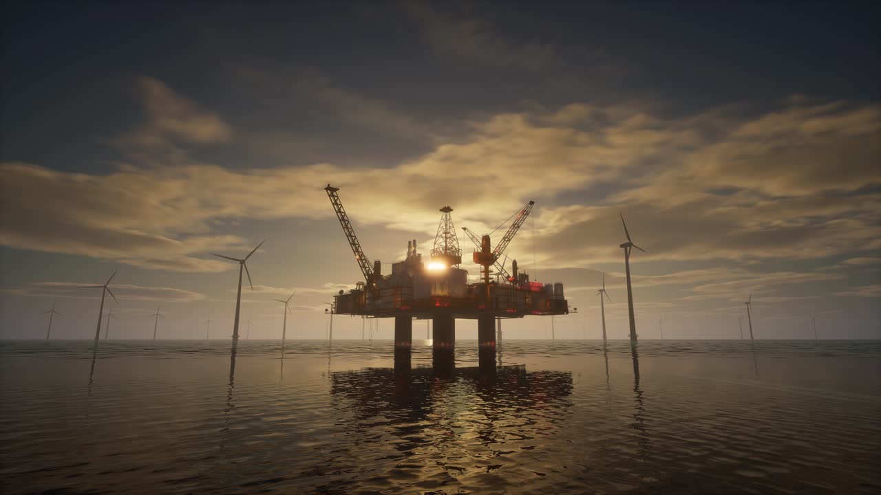 Offshore Oil Rig And Wind Turbines At Sunset, Energy Transition