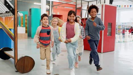 school, excited and children running in class