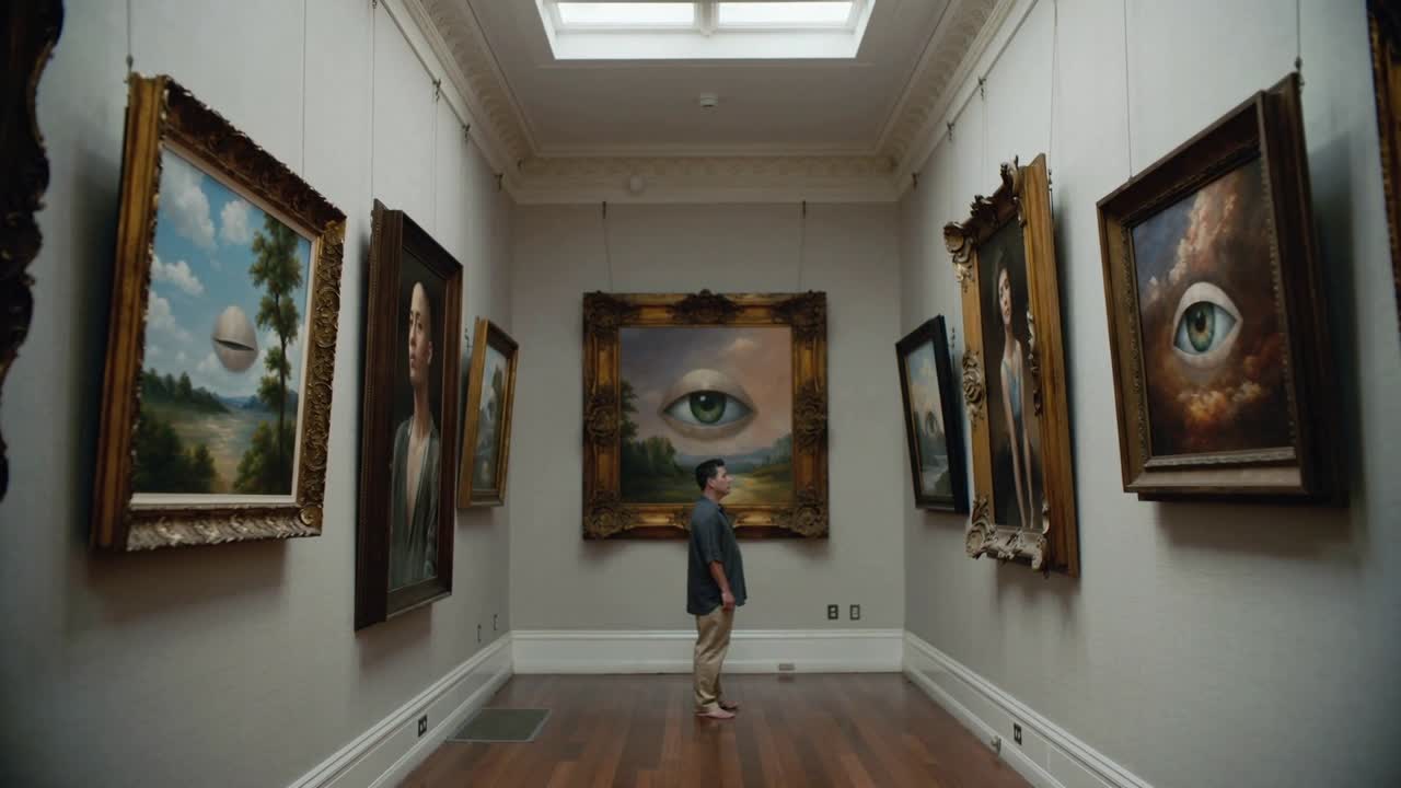 Uomo in piedi con giacca e pantaloni color cachi sotto pareti espositive illuminate dal lucernario, inclina la testa e sposta lo sguardo per osservare un'opera d'arte.