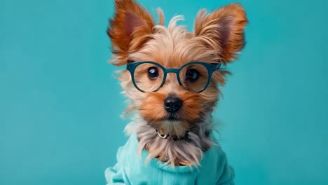 a small dog wearing glasses sitting on a blue background