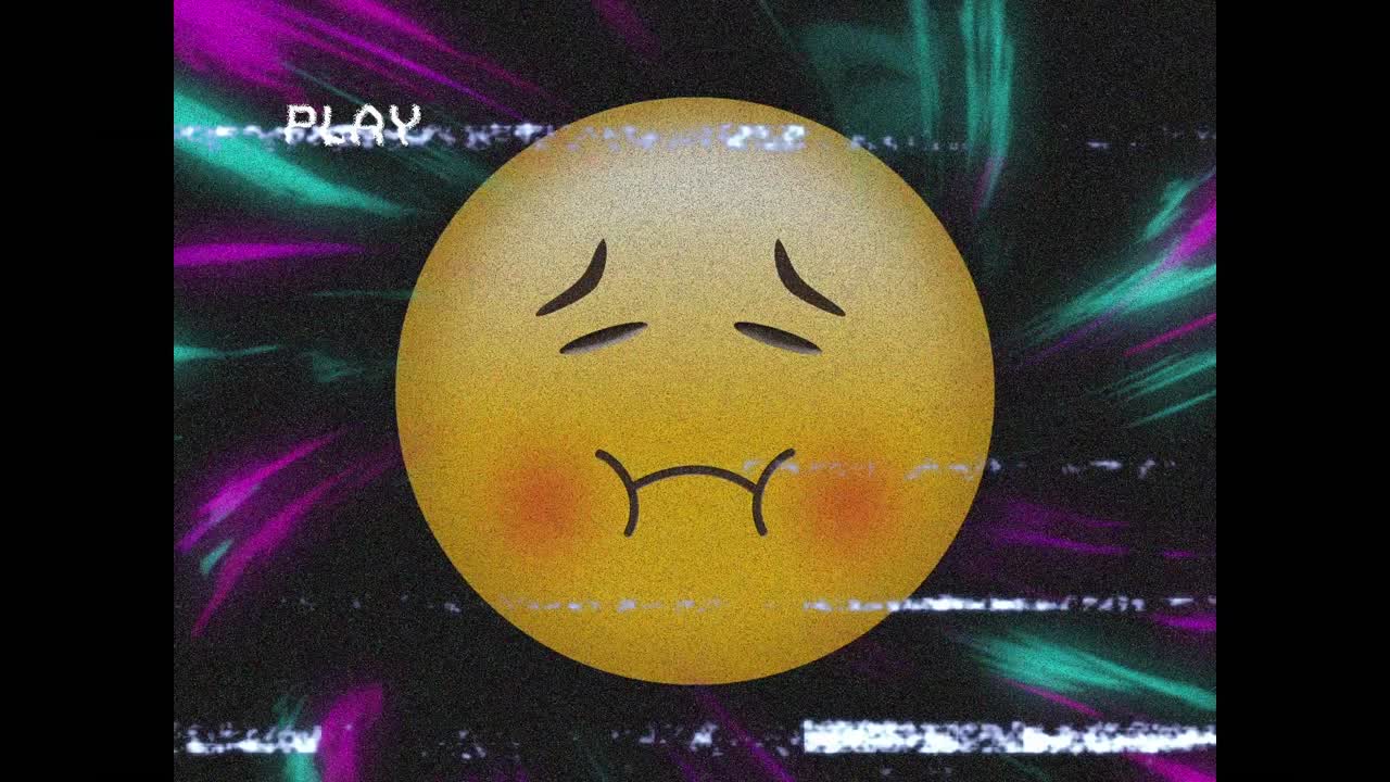 검은색 배경의 디지털 파도에 대한 아픈 얼굴 이모지 위의 vhs 효과의 디지털 애니메이션