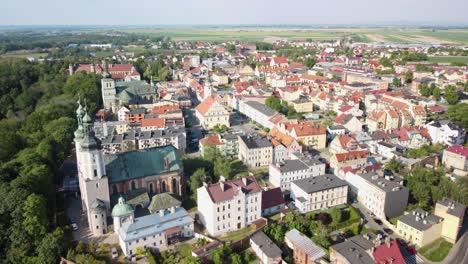 Panoramic-Aerial-View-Of-Glogowek-Town-Hall-In-Glogowek,-Southern-Poland