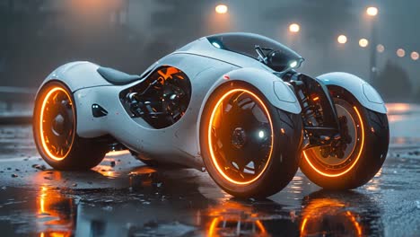 futuristic vehicle with glowing wheels at night