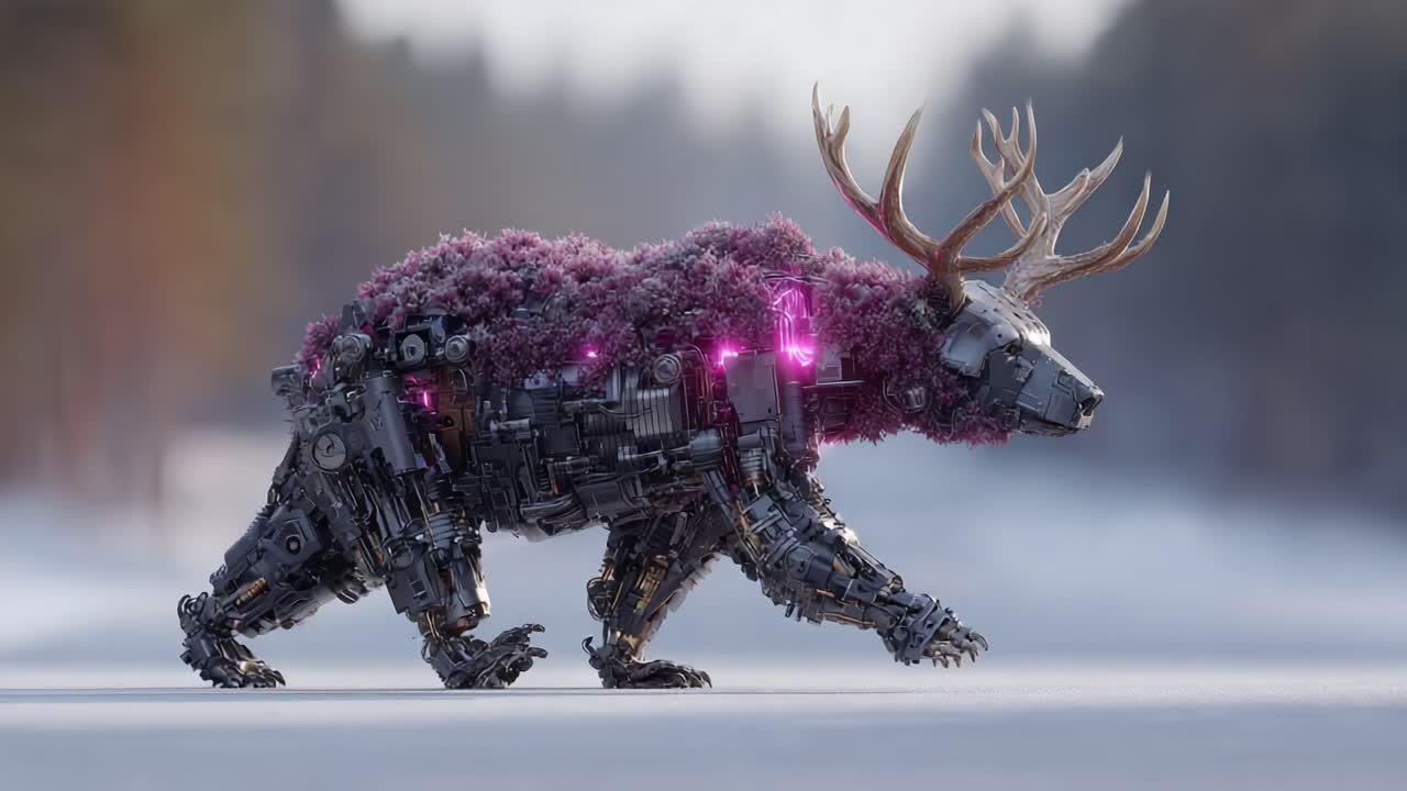 A stunning fusion of technology and nature, this robotic bear adorned with vibrant flowers showcases a captivating blend of metallic elements and organic beauty, creating a mesmerizing visual experience