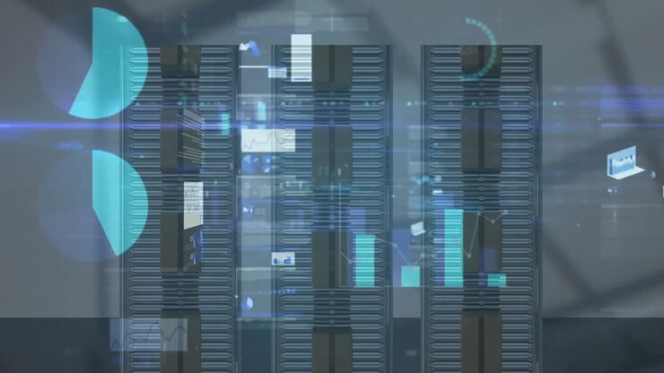 Animation of statistics processing over cardboard boxes on conveyor belts in background