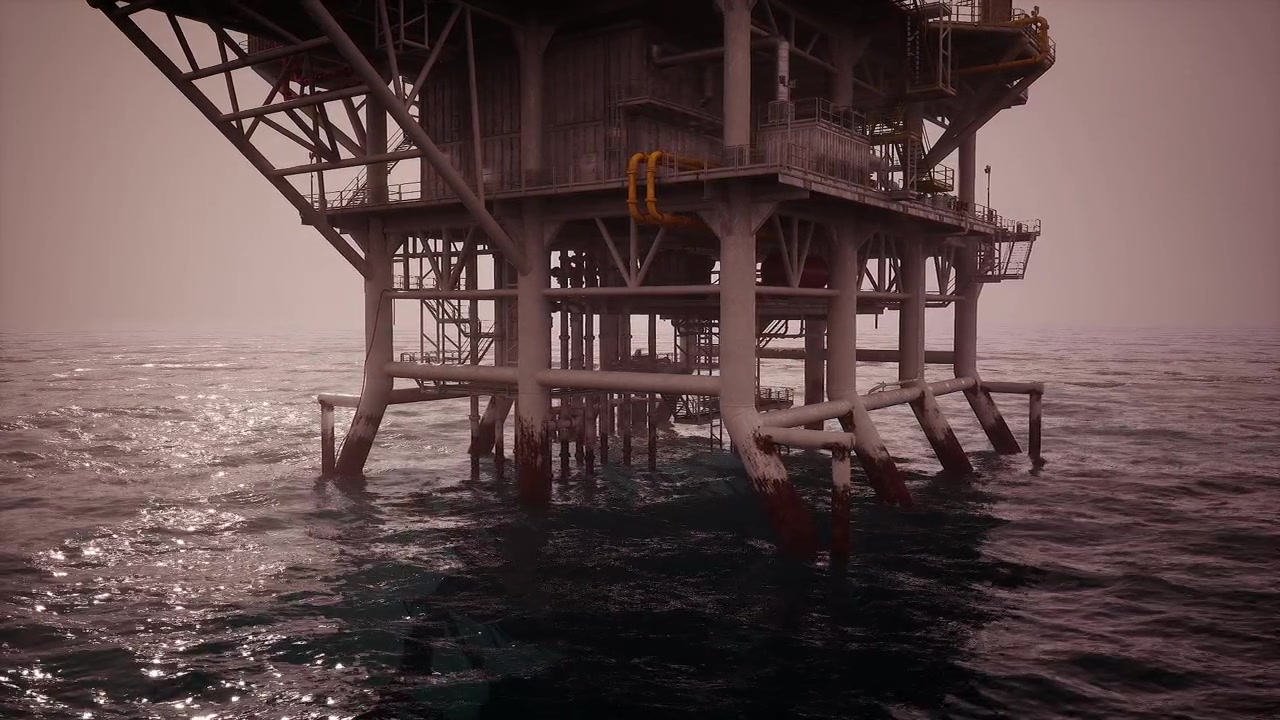 Oil rig standing strong in deep water during hazy twilight conditions