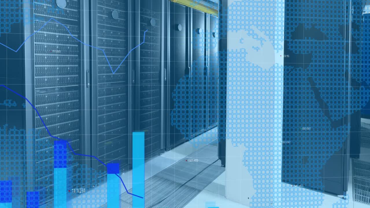 Animation of world map, statistics and data processing over computer servers