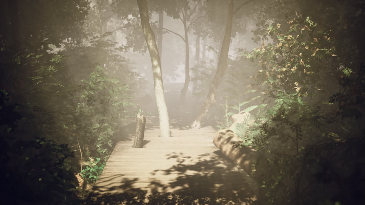 Serene pathway through a misty forest leading to tranquil waters
