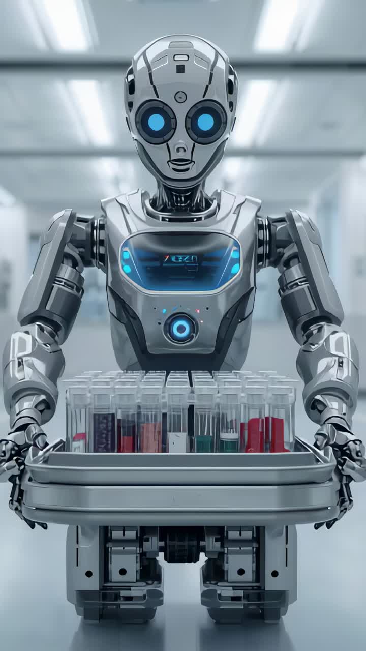 Video verticale: robot umanoide che riceve un incarico e presenta un vassoio di fiale in laboratorio, aggiornando i LED sul torace
