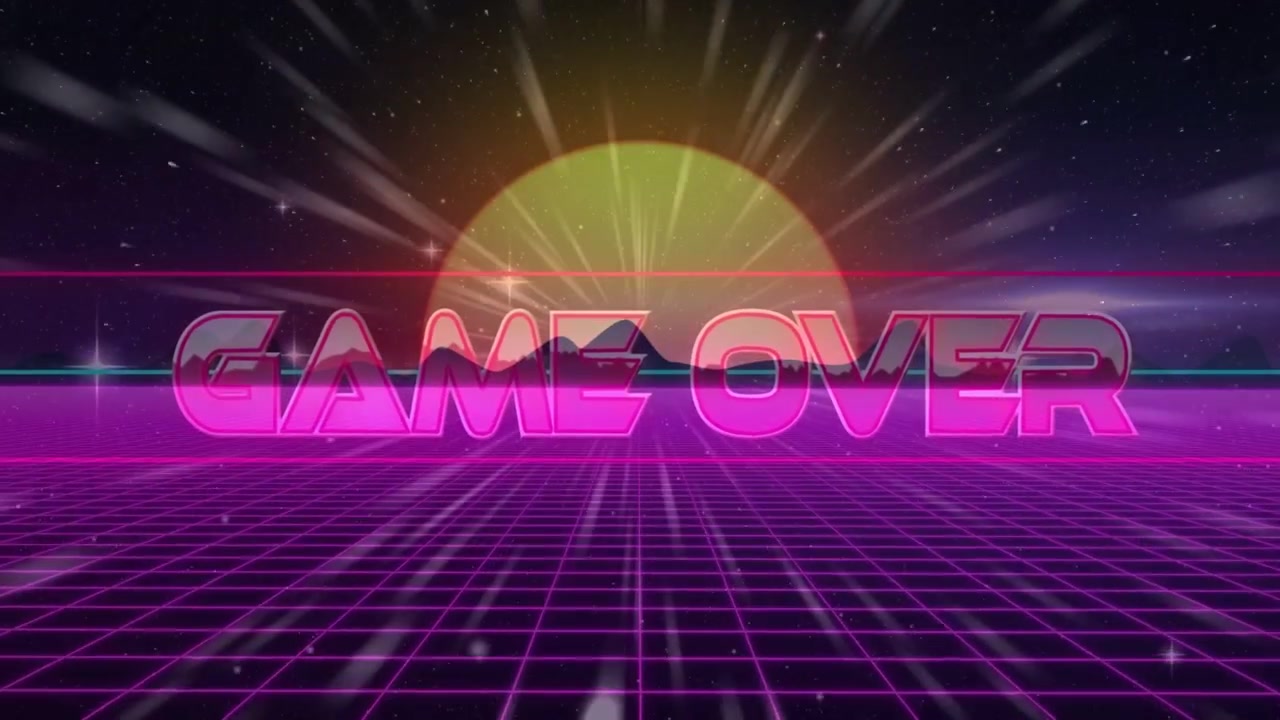 Titolo GAME OVER che appare gradualmente, la telecamera si allontana, un oggetto che cade, una griglia che appare, segnalando la fine del gioco.