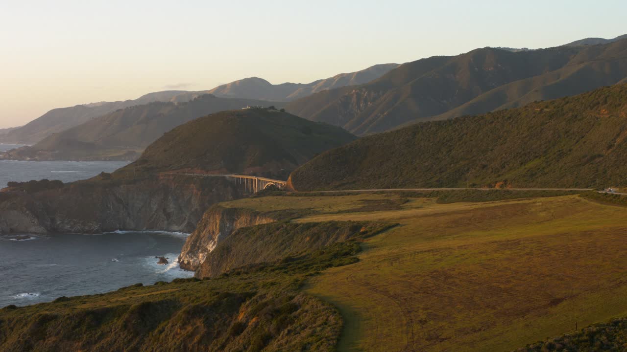 Scenic aerial of Big Sur’s coastline with Bixby Bridge and Highway 1 ...