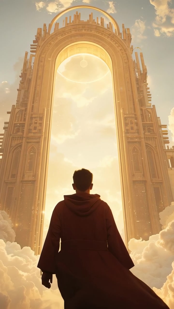 Video verticale: Un uomo incappucciato si muove verso un arco dorato nel cielo mentre il bagliore dell'arco si intensifica per entrare nel portale.