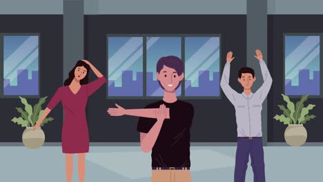 grupo de trabajadores en descanso activo en la escena de la oficina