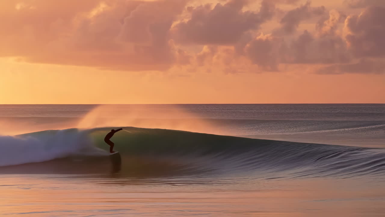A surfer rides a wave in the ocean during a beautiful sunset or sunrise