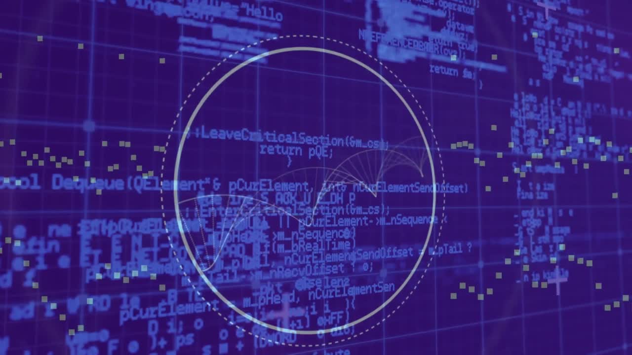 animación de un escáner circular con hélice de adn giratoria sobre una cuadrícula azul y procesamiento de datos en púrpura