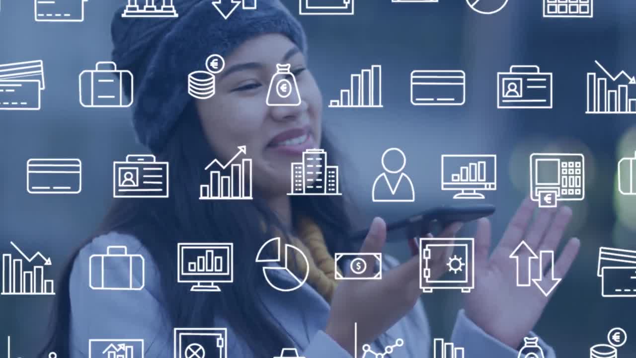 animación de iconos financieros sobre mujeres biraciales que usan teléfonos inteligentes