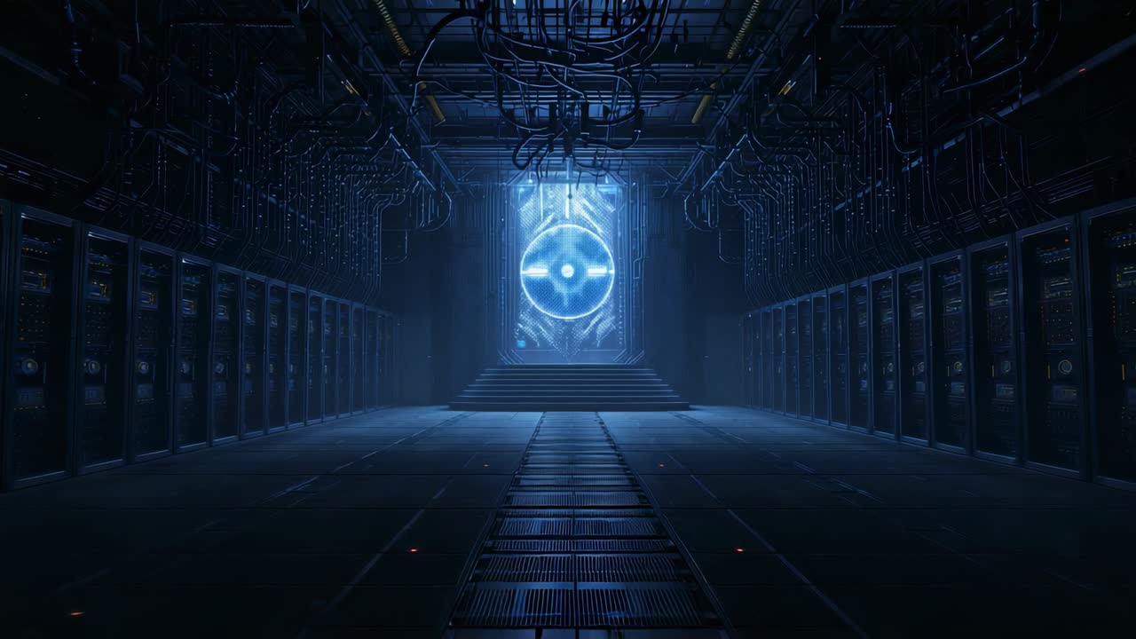 Pulsing energy portal glowing on platform in data center corridor with server racks, grated walkway