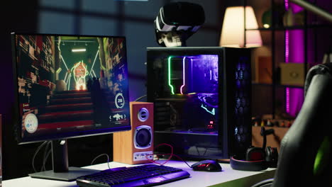 Close-up-shot-of-PC,-keyboard-and-mouse-on-desk-in-living-room