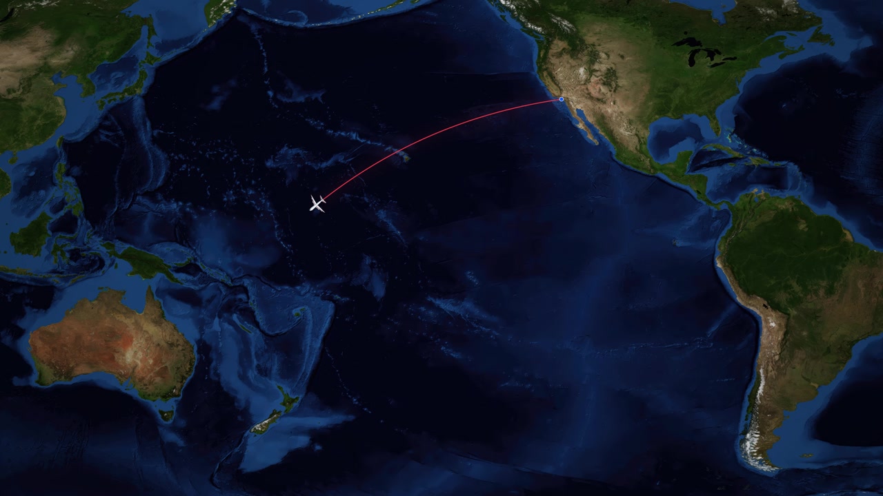 Satellite world map animation follows an airplane flying from Los Angeles to Melbourne Australia