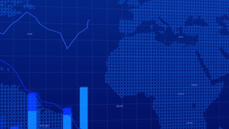 animation of data processing with world map and shapes over blue background