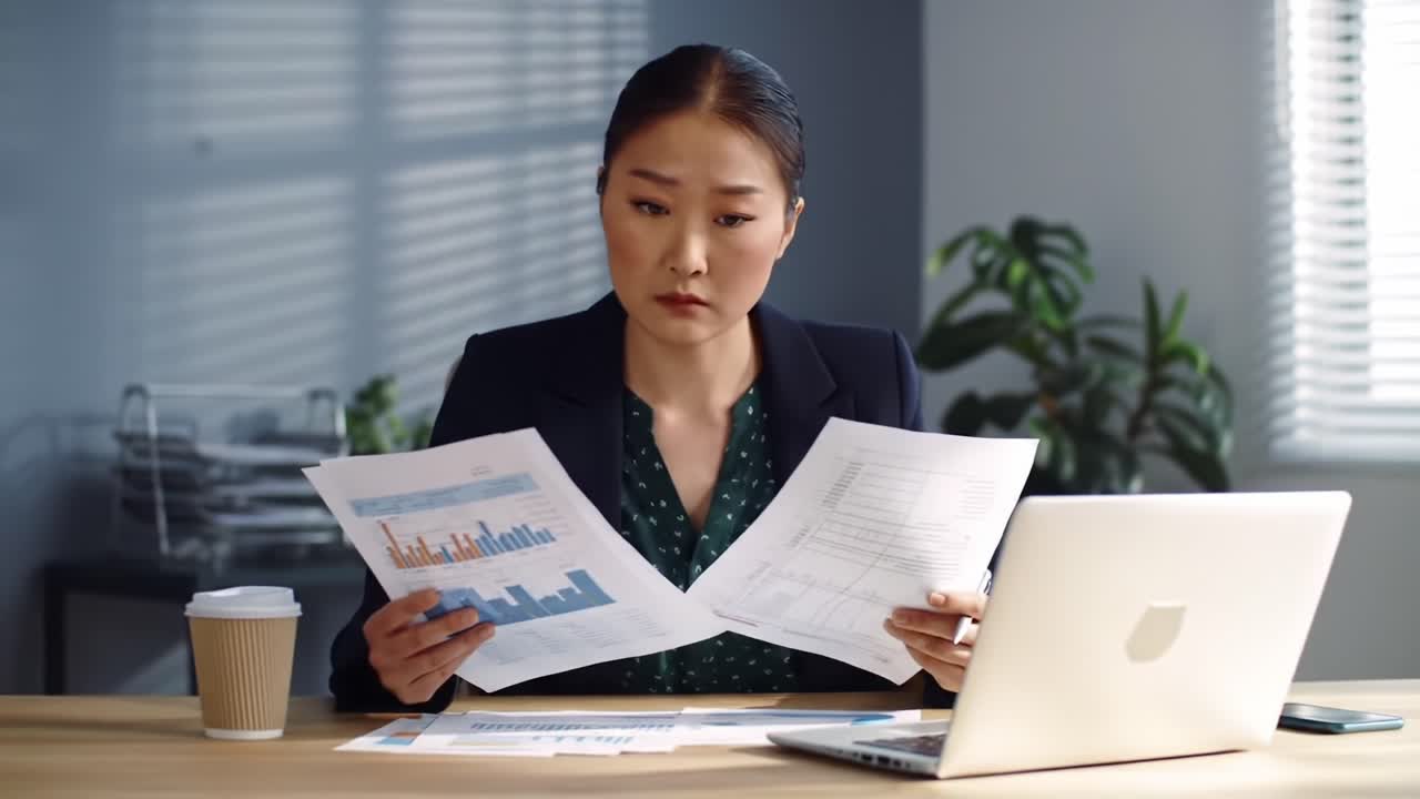 Focused Woman Analyzing Financial Charts at Desk with Laptop, Coffee, and Plants in Bright Office Setting