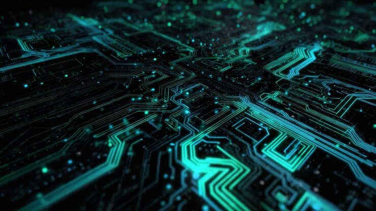 Volo astratto sopra un circuito elettronico futuristico con segnali ciano luminosi e particelle che si muovono lungo l'intricata rete, a simboleggiare l'elaborazione dei dati e la tecnologia avanzata